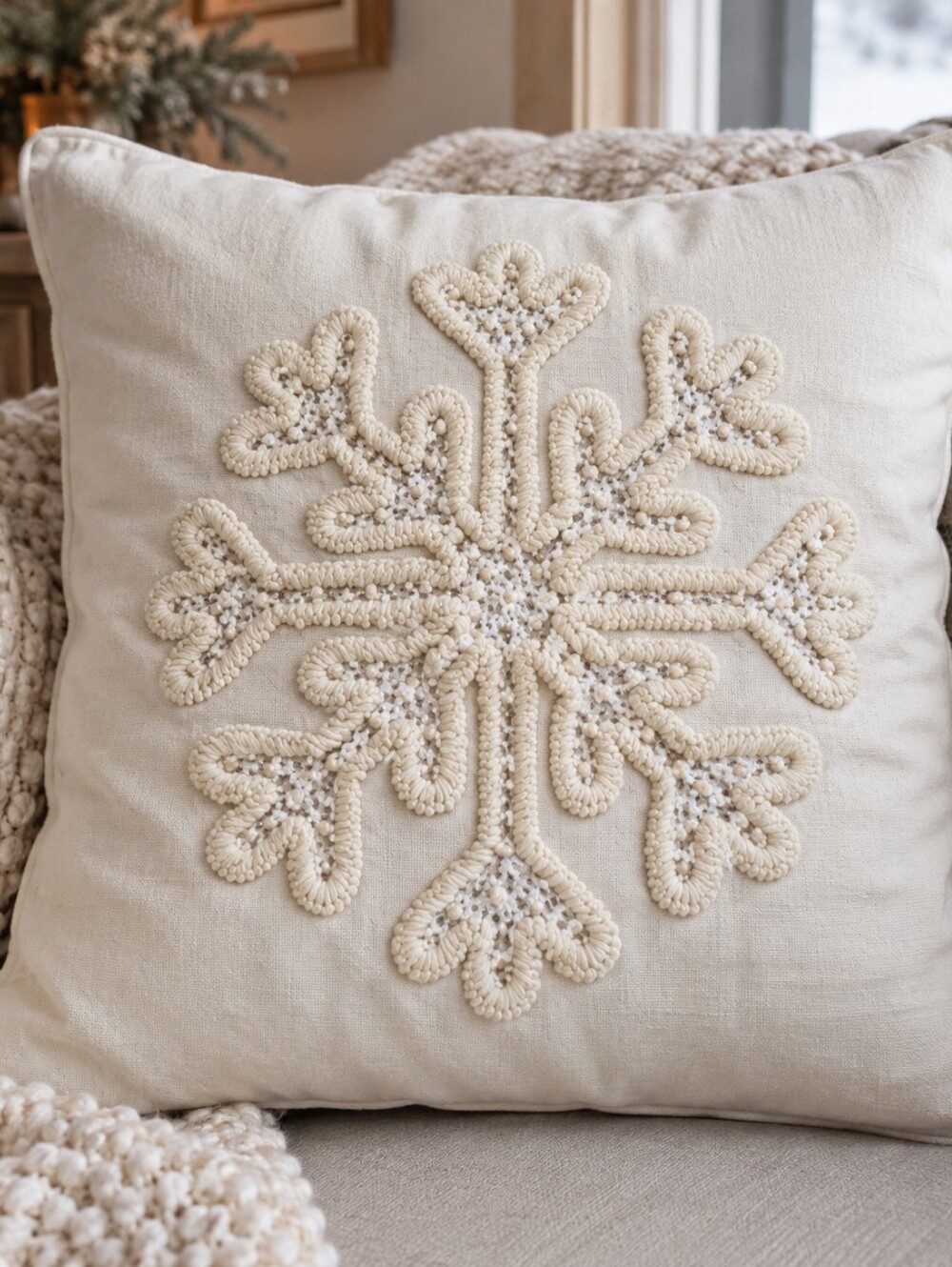Bella Lux Ivory Embroidered Snowflake Decorative Pillow Cover